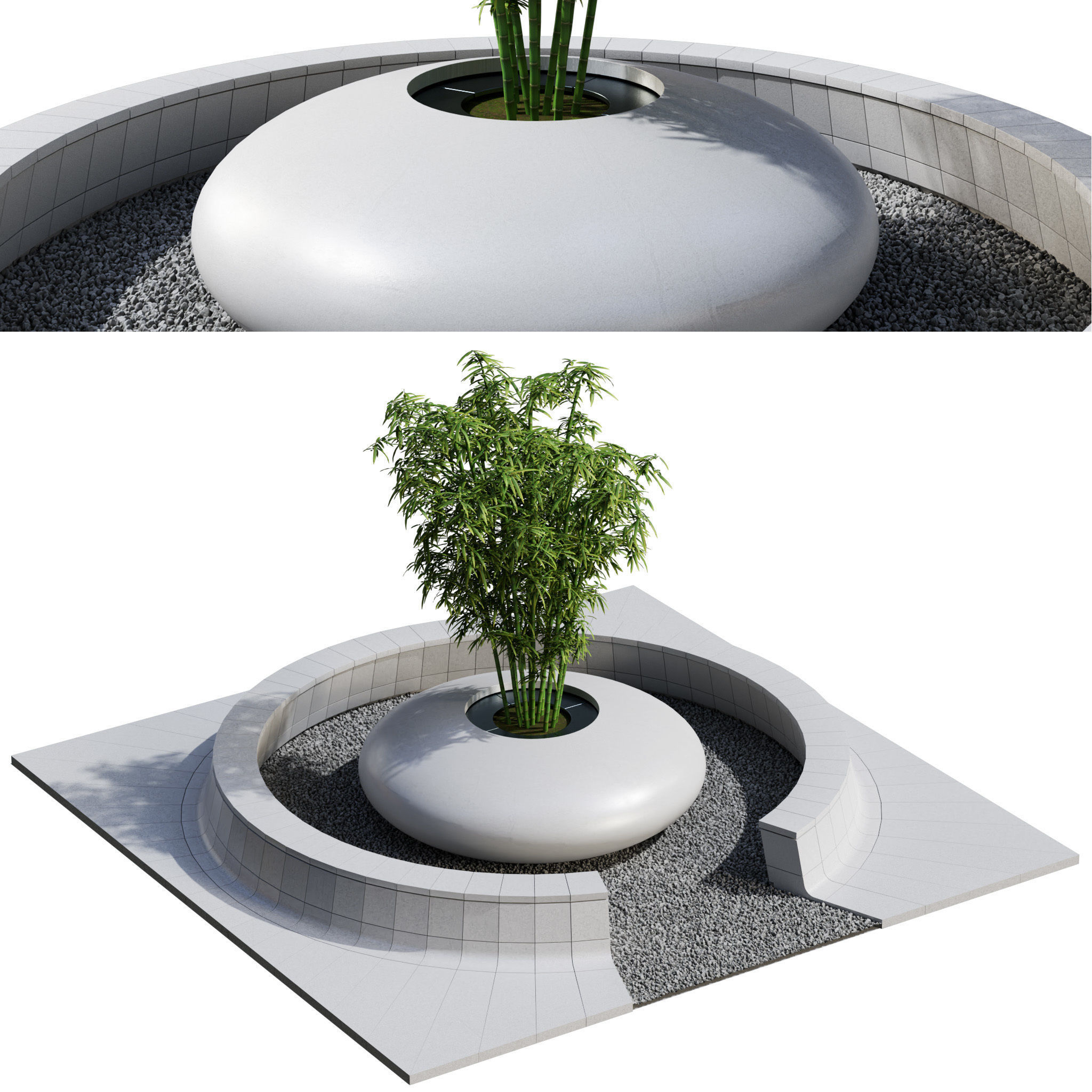 包含鹅卵石盒绿植的现代庭院设计 花园景观3D模型（OBJ,FBX）