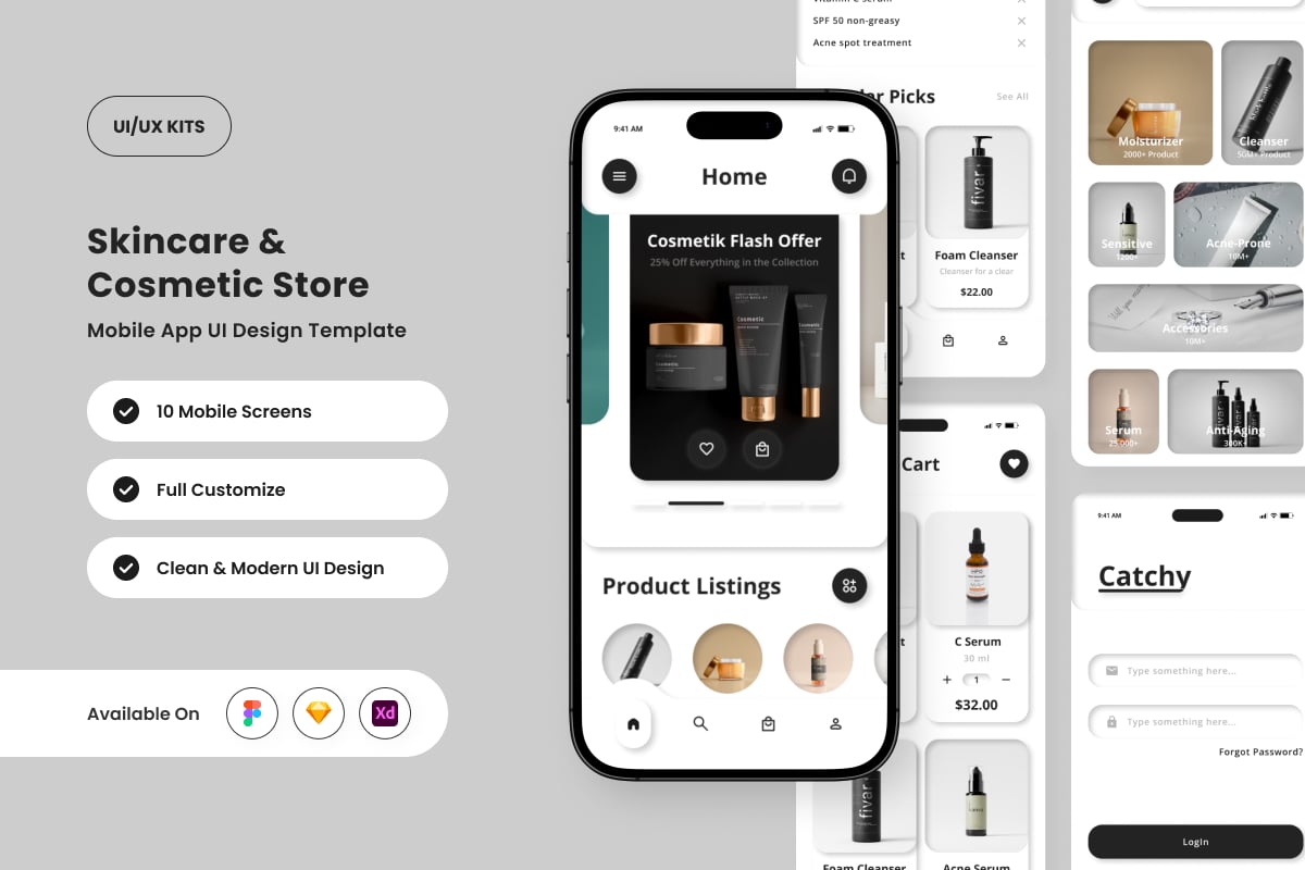 现代化妆品商店应用APP UI KIT (FIG,SKETCH,XD)