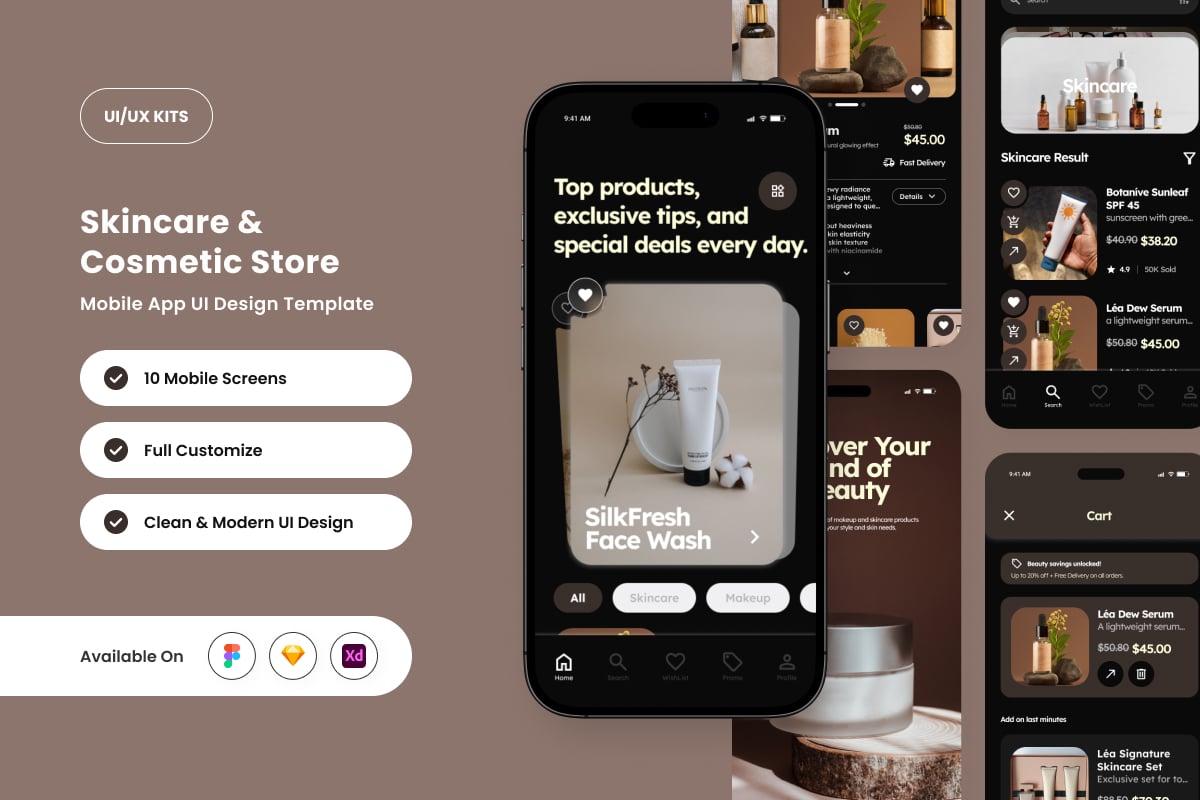 护肤电子商务移动应用APP UI KIT (FIG,SKETCH,XD)