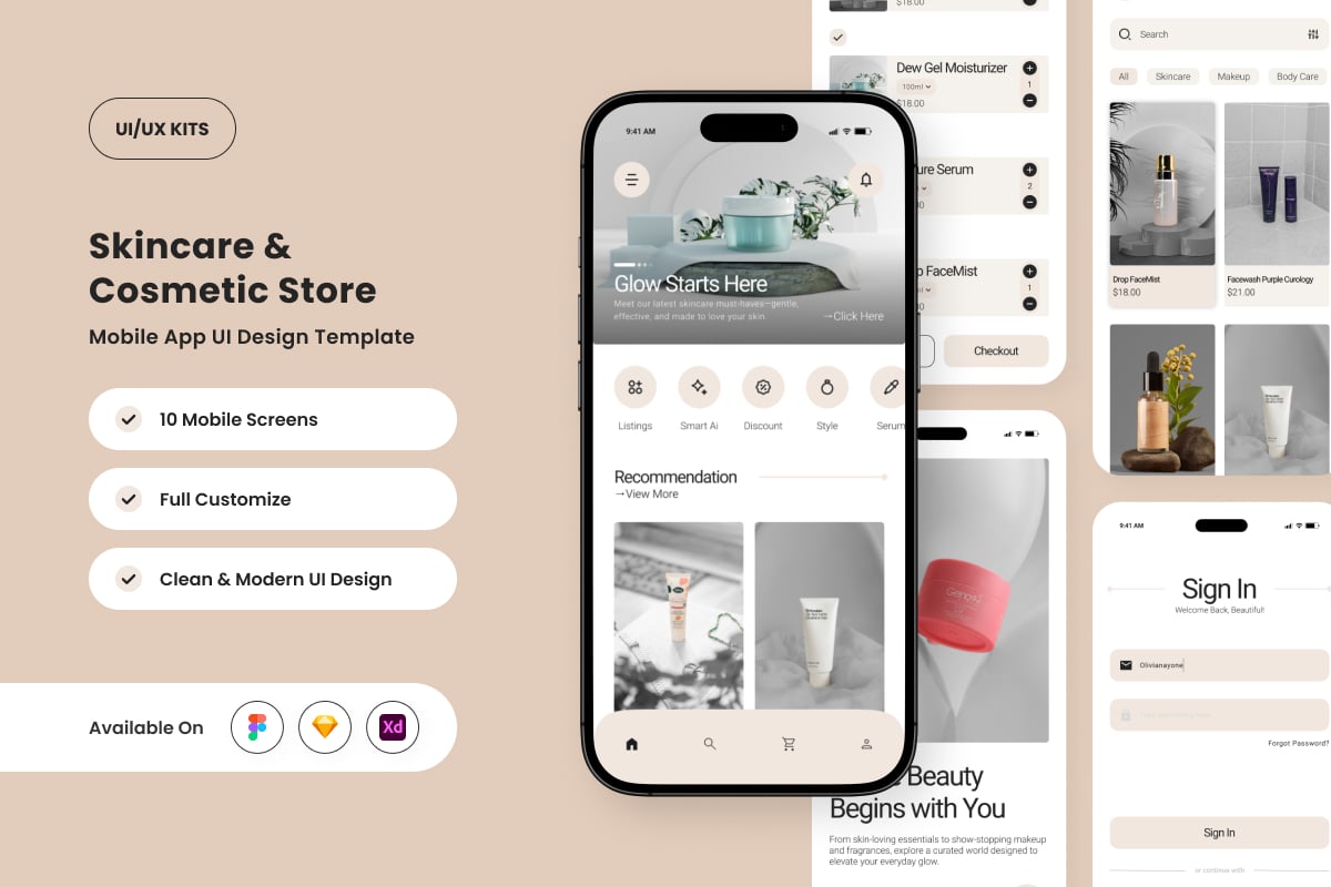护肤和美容应用APP UI KIT (FIG,SKETCH,XD)