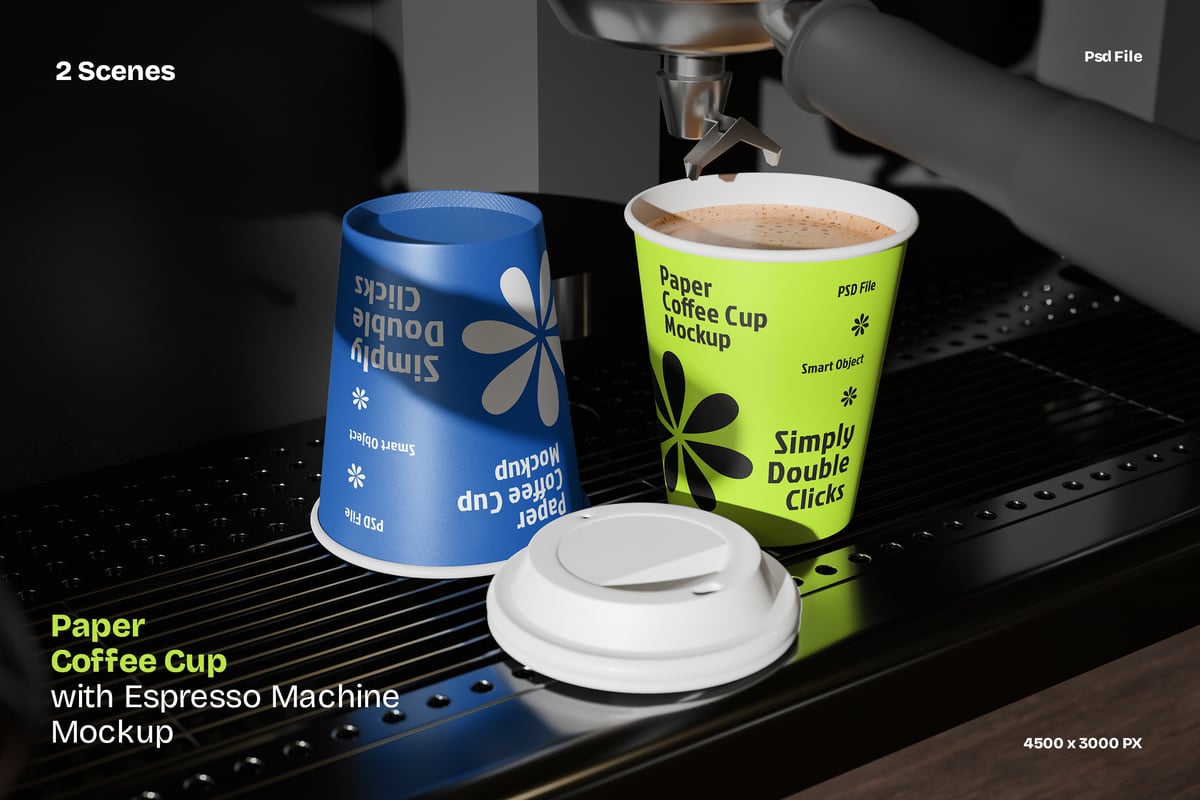 带浓缩咖啡机模型的纸杯杯样机 (PSD)