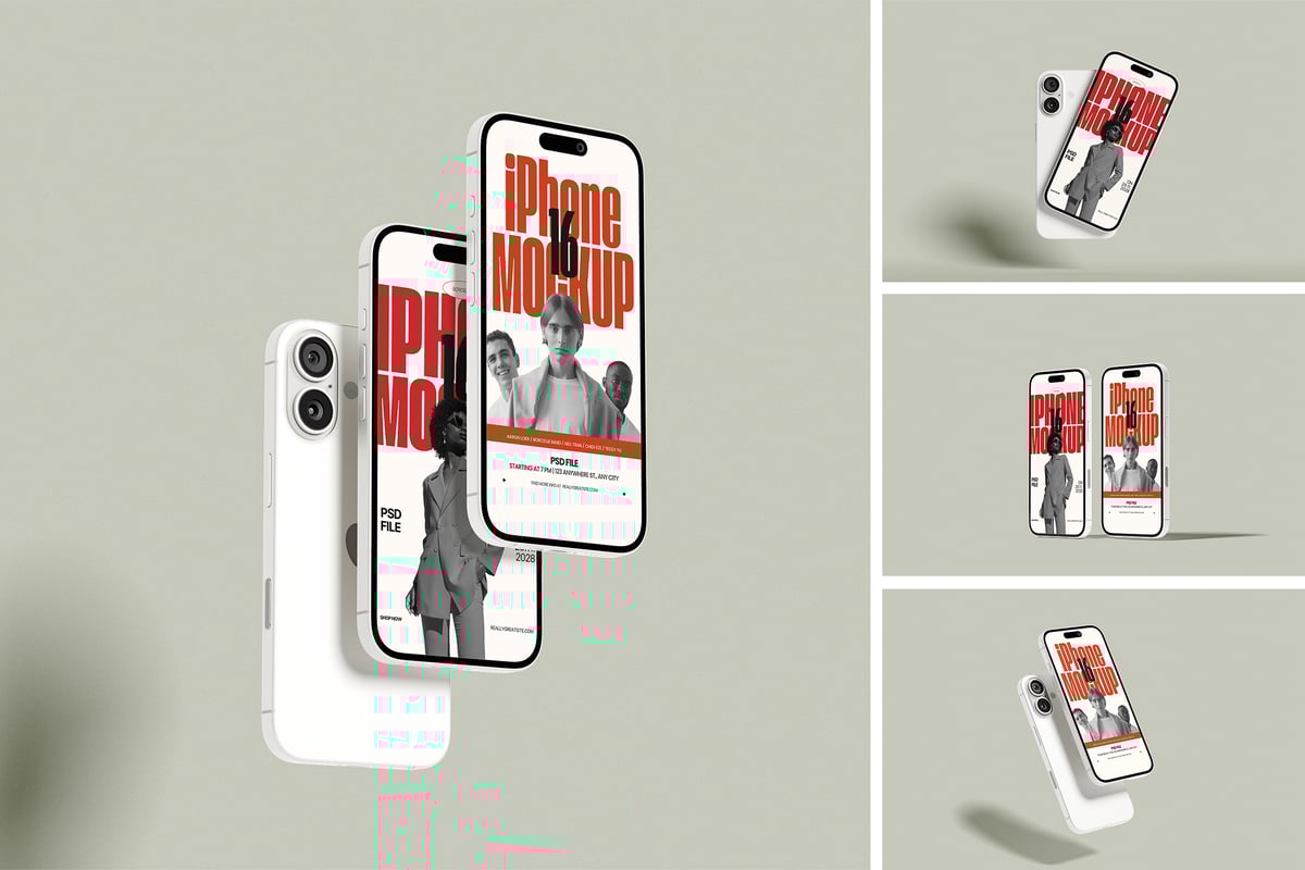 iPhone 16手机模型样机 (PSD,PDF)