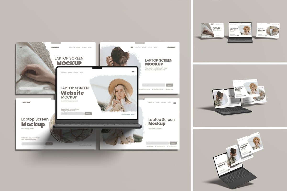 笔记本电脑屏幕网站/PPT设计样机 (PSD,PDF)