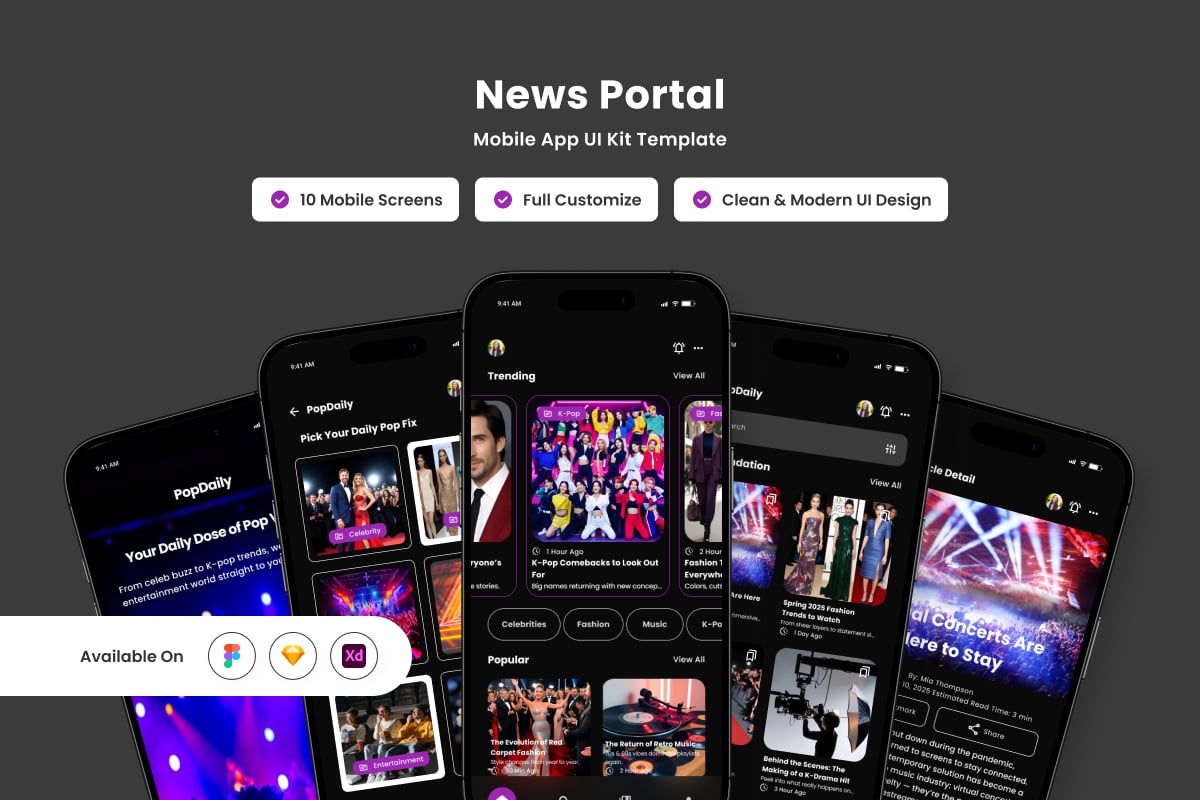 新闻门户移动应用APP UI KIT (FIG,SKETCH,XD)