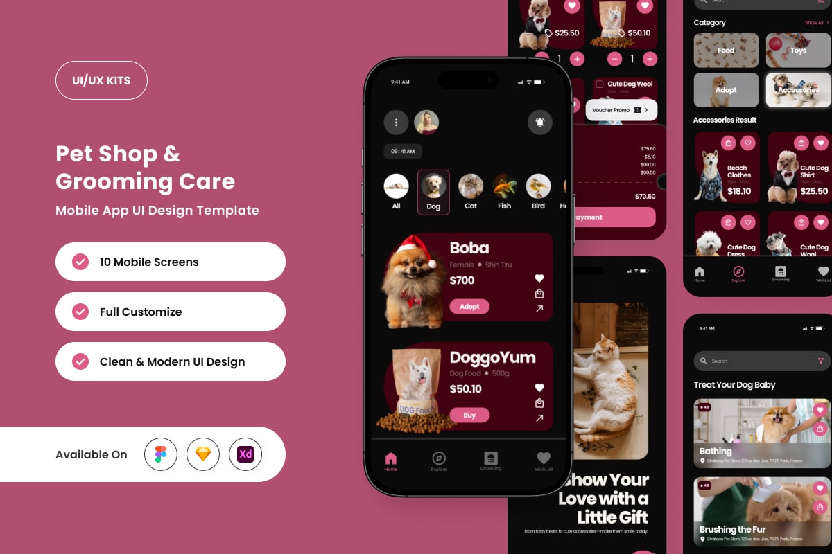 宠物商店和护理应用APP UI KIT (FIG,SKETCH,XD)