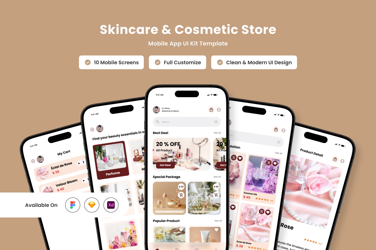 化妆品商店应用APP UI KIT (FIG,SKETCH,XD)