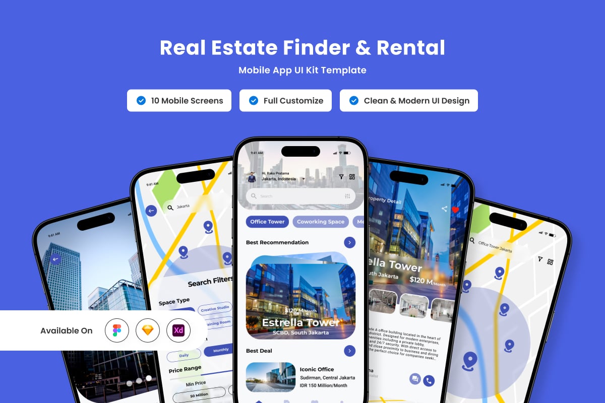 房地产查找器和租赁移动应用APP UI KIT (FIG,SKETCH,XD)