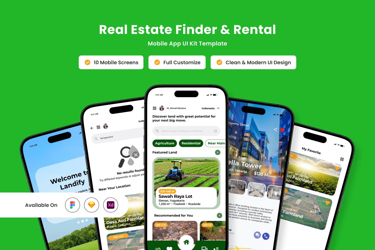 房地产查找器和租赁移动应用APP UI KIT (FIG,SKETCH,XD)