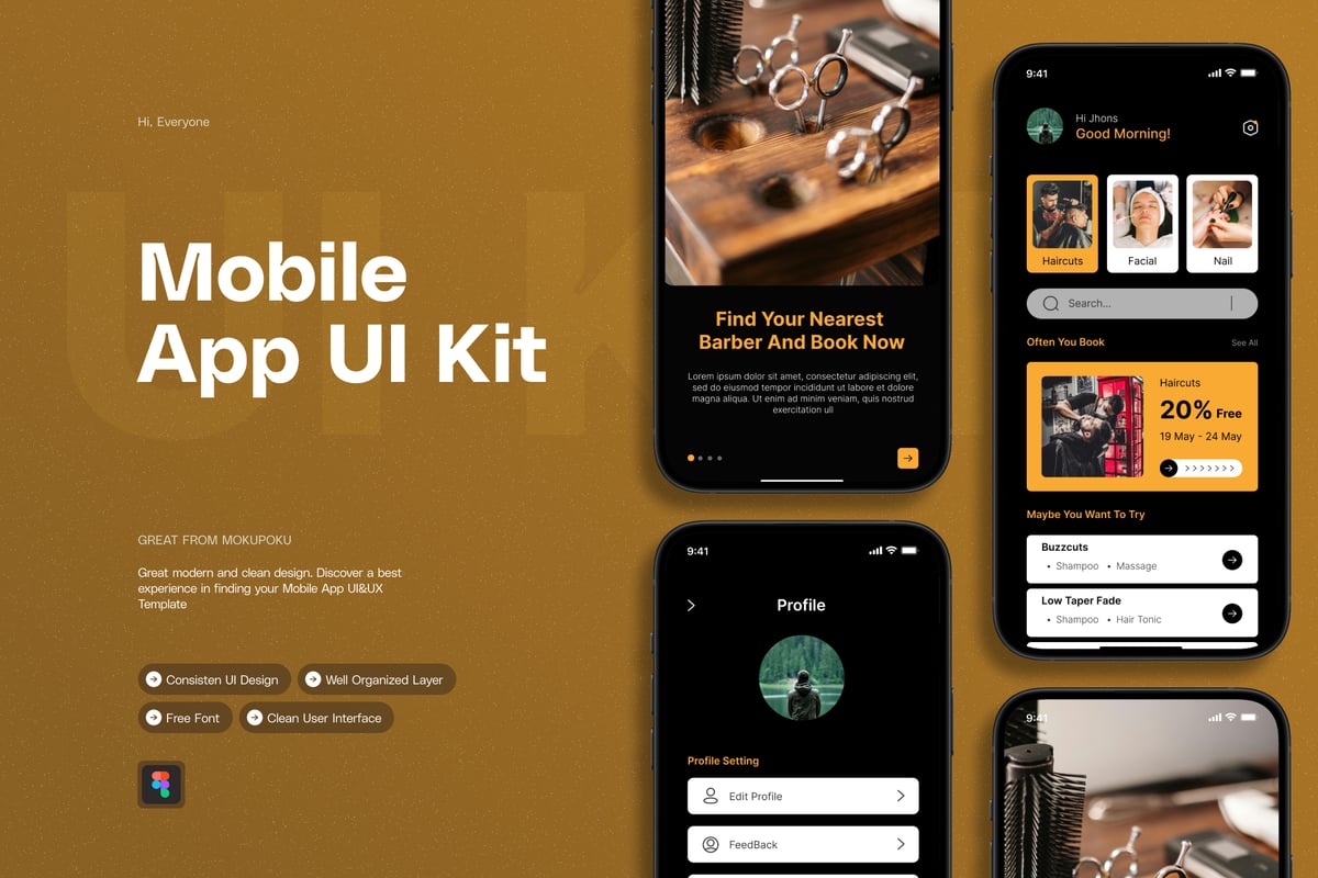 理发店移动应用APP UI KIT (FIG)