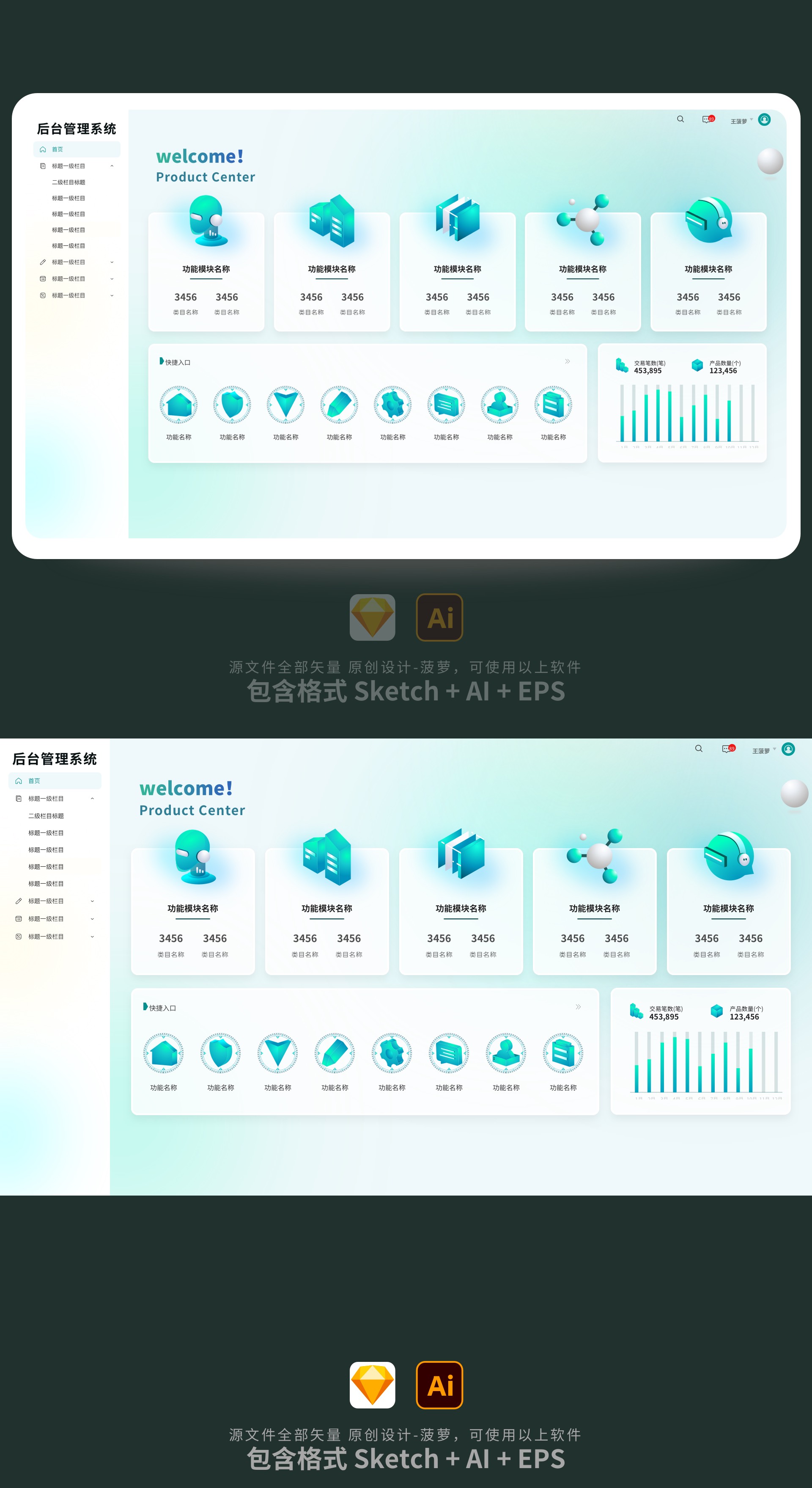 绿色科技感图标后台管理系统UI首页+绿色3D图标icon（sketch+AI） - 云瑞设计
