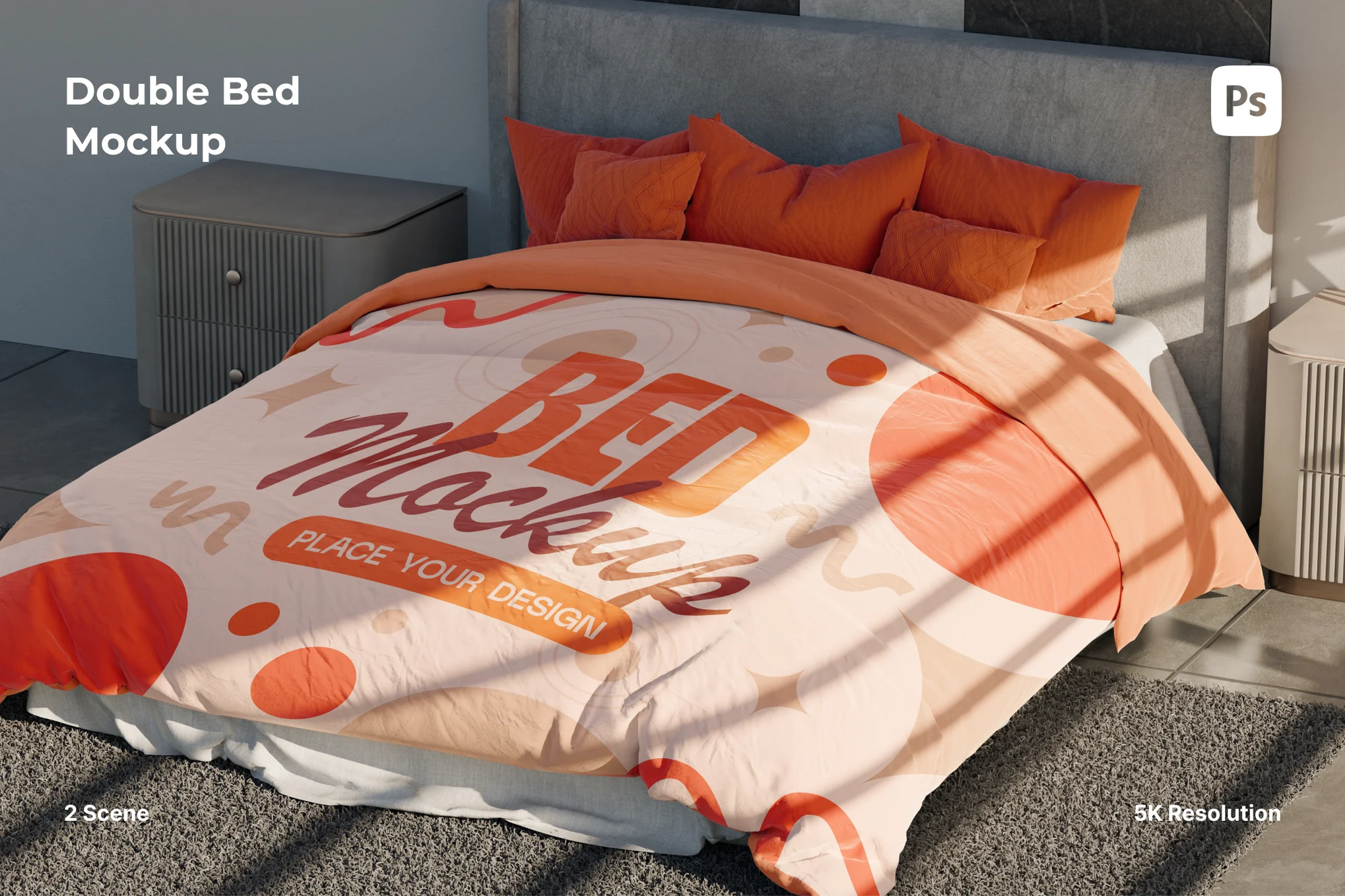 双人床模型（床上用品）样机 (PSD)
