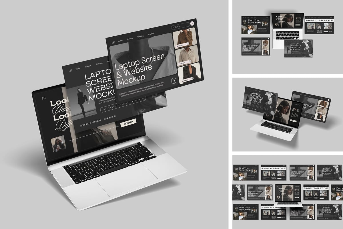 笔记本电脑屏幕和网站模型样机 (PSD,PDF)