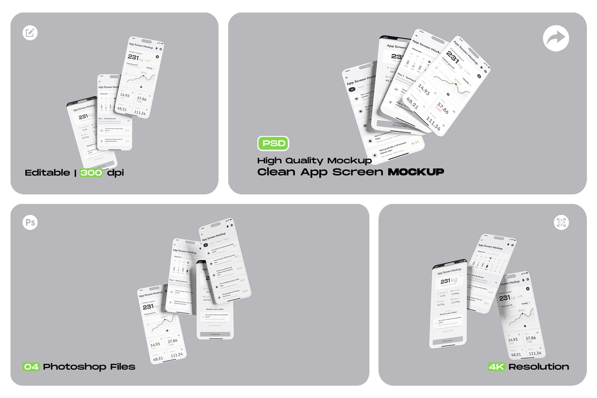 带有干净背景的应用屏幕模型样机 (PSD)