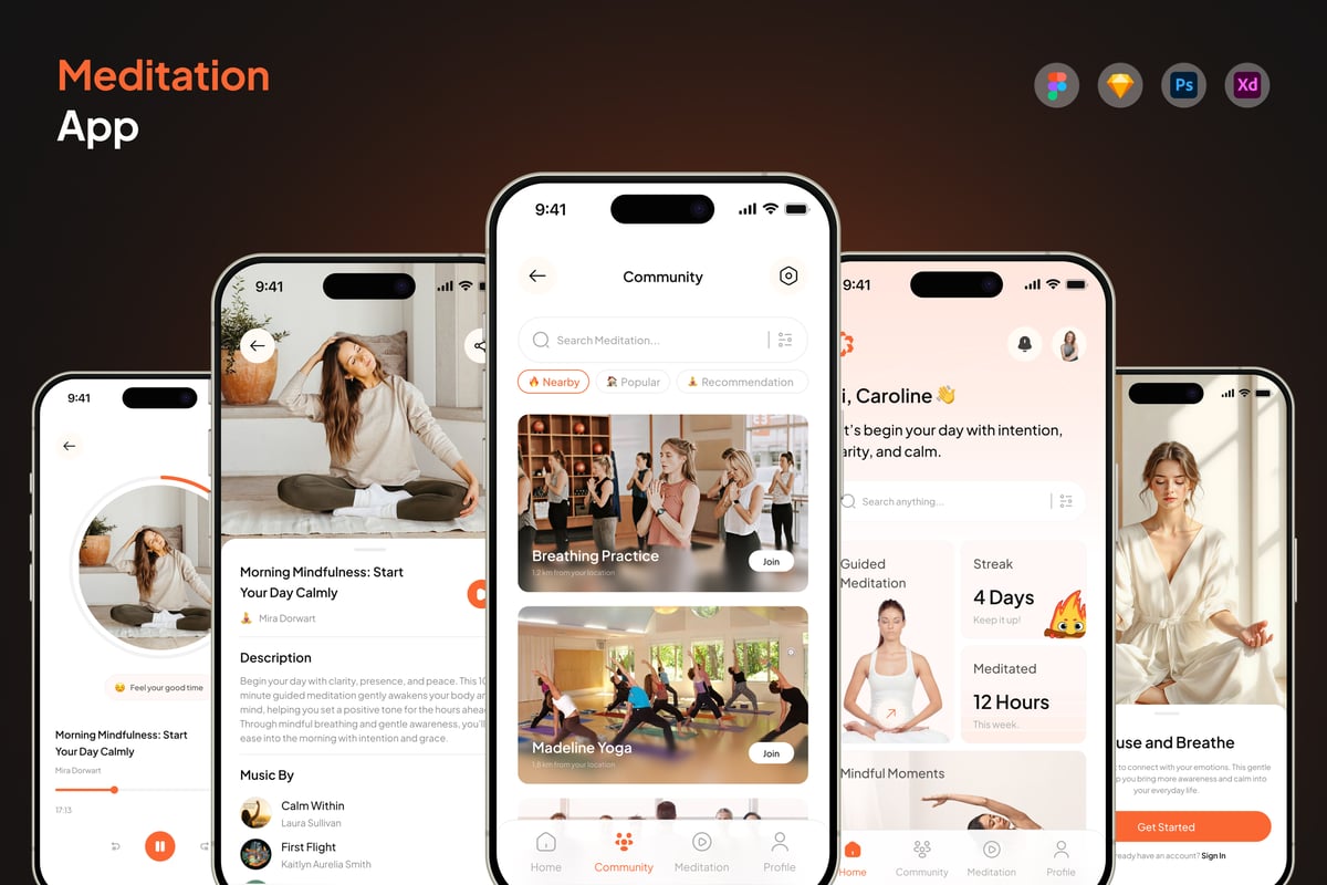 冥想应用APP UI KIT (FIG,PSD,SKETCH,XD)