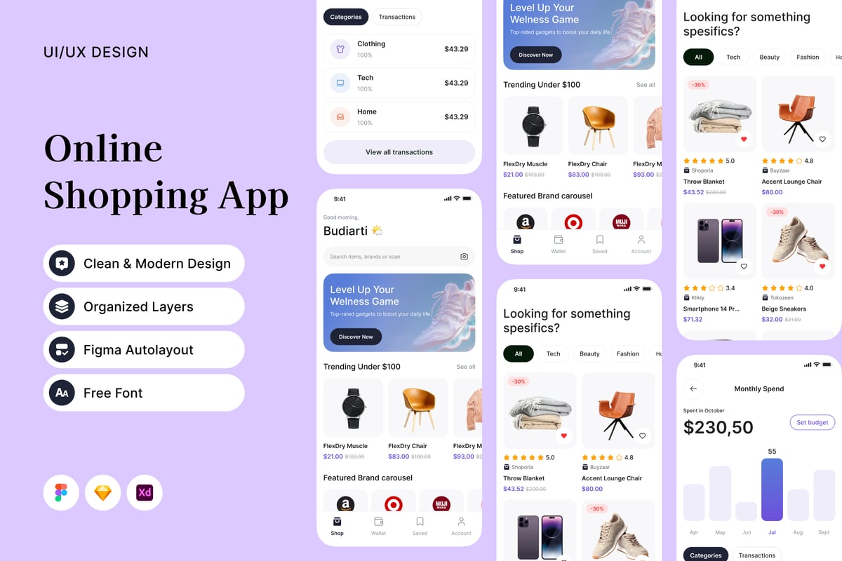 在线购物应用APP UI KIT (FIG,SKETCH,XD)