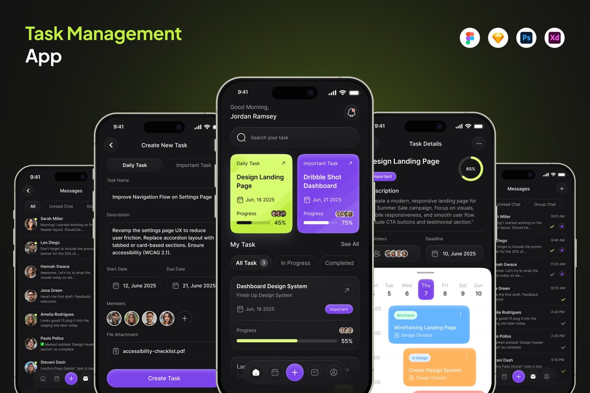 任务管理应用APP UI kit (FIG,SKETCH,XD,PSD)