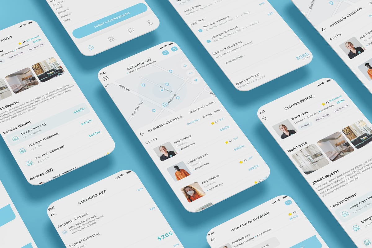 家庭清洁，清洁预订和管家应用APP UI KIT (FIG,SKETCH,SVG,XD,PSD)