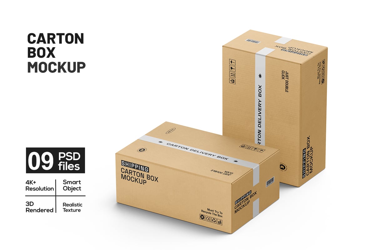 带胶带模型的运输纸箱盒样机 (PSD)