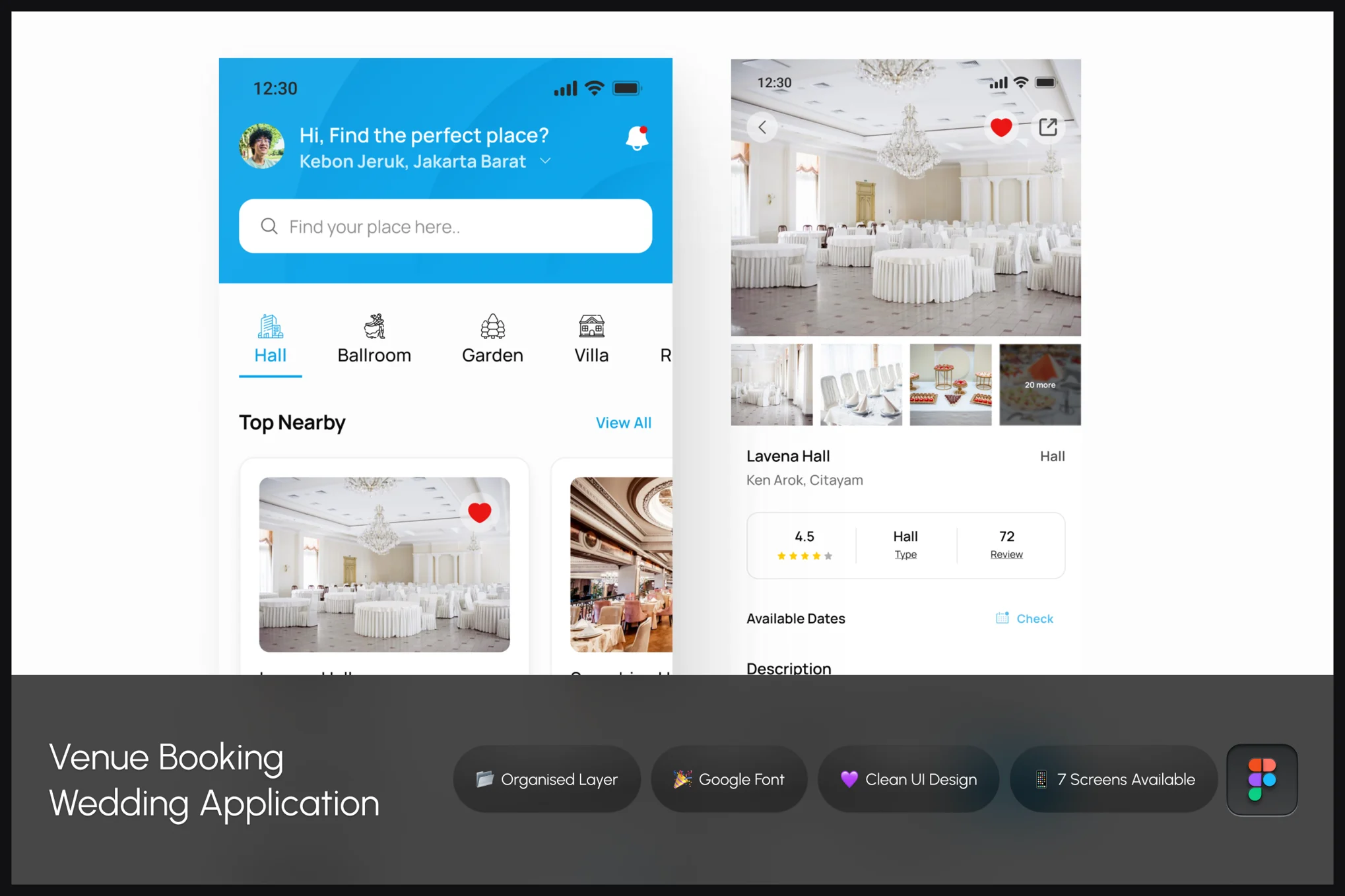 场地预订婚礼 – 移动应用APP UI KIT (FIG)