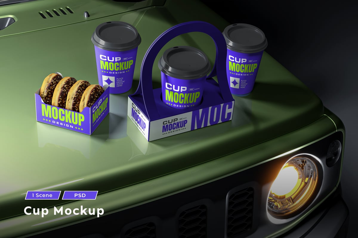 在引擎盖上的快餐包装样机 (PSD)