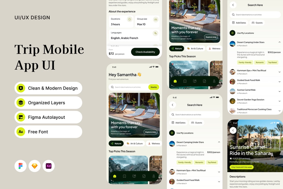 旅行移动应用APP UI KIT (FIG,SKETCH,XD)
