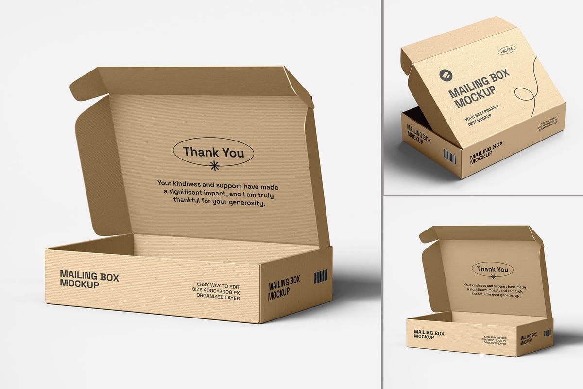 牛皮纸邮件（飞机盒）盒品牌模型套件样机 (PSD)