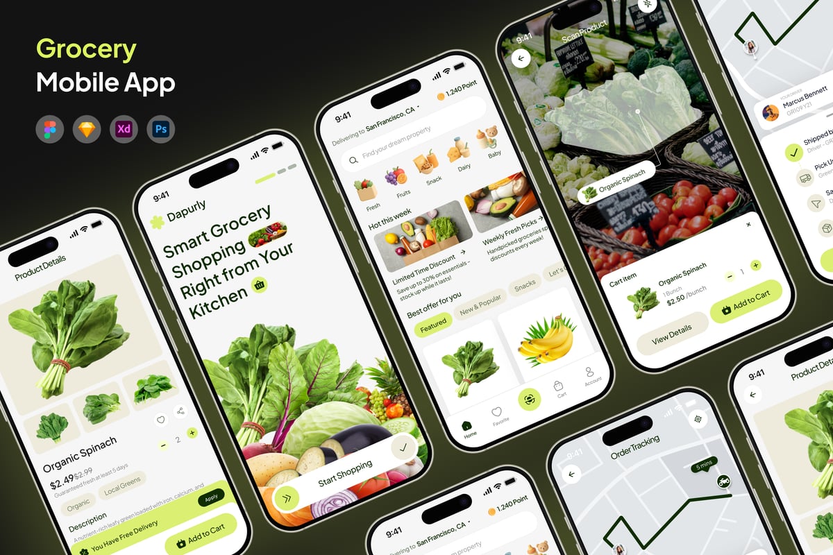 生鲜购物APP UI KIT (FIG,PSD,SKETCH,XD)