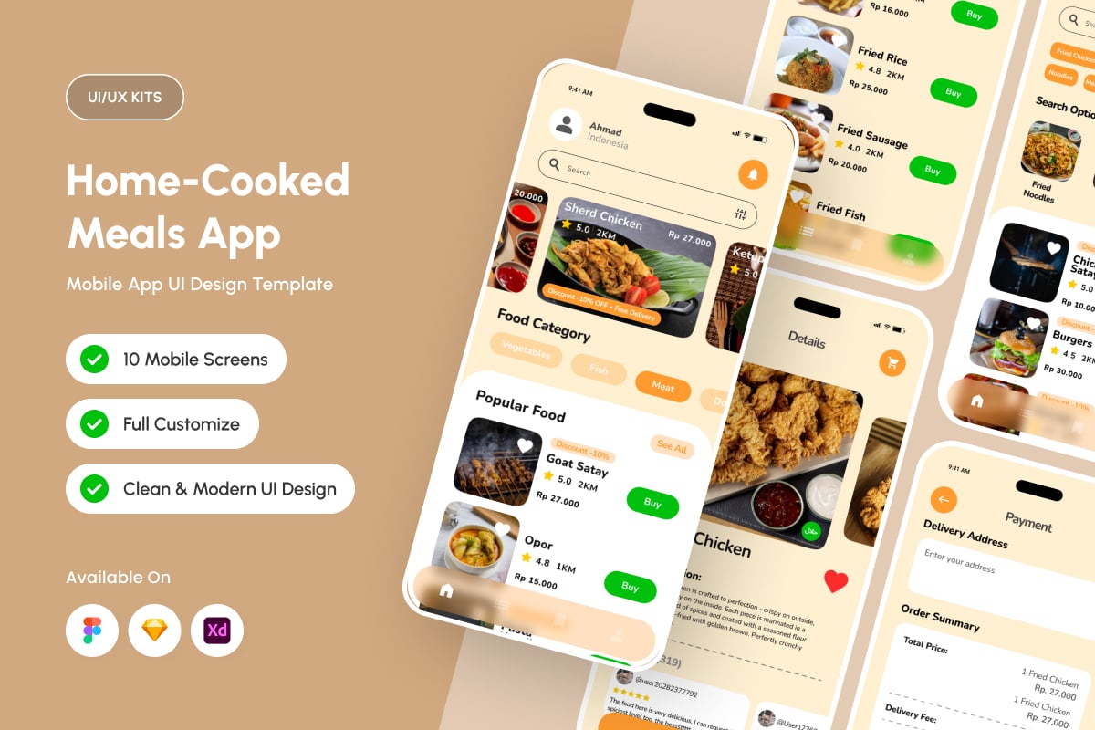 舒适的家庭烹饪餐应用APP UI KIT (FIG,SKETCH,XD)