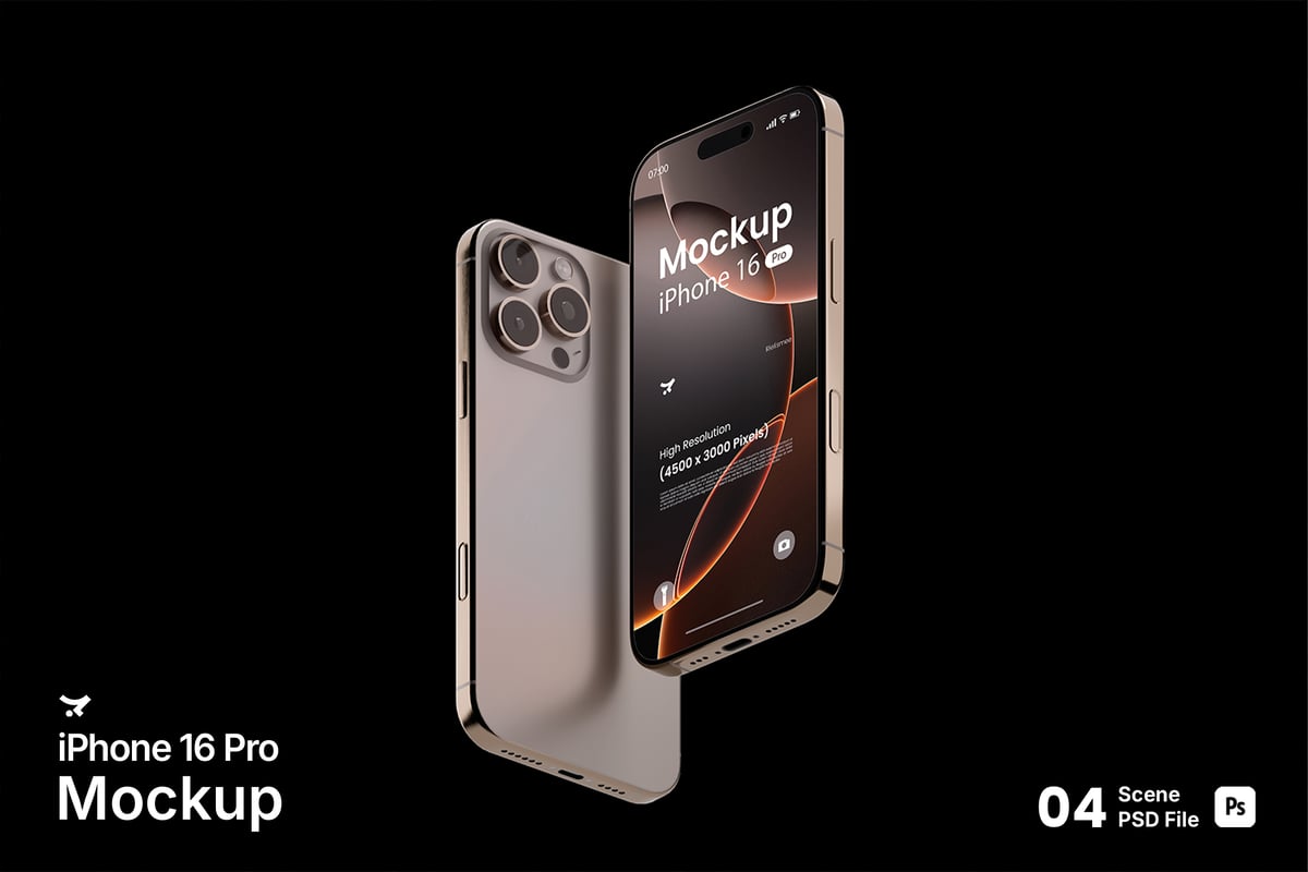 iPhone 16 Pro（沙漠钛）手机模型样机 (PSD)