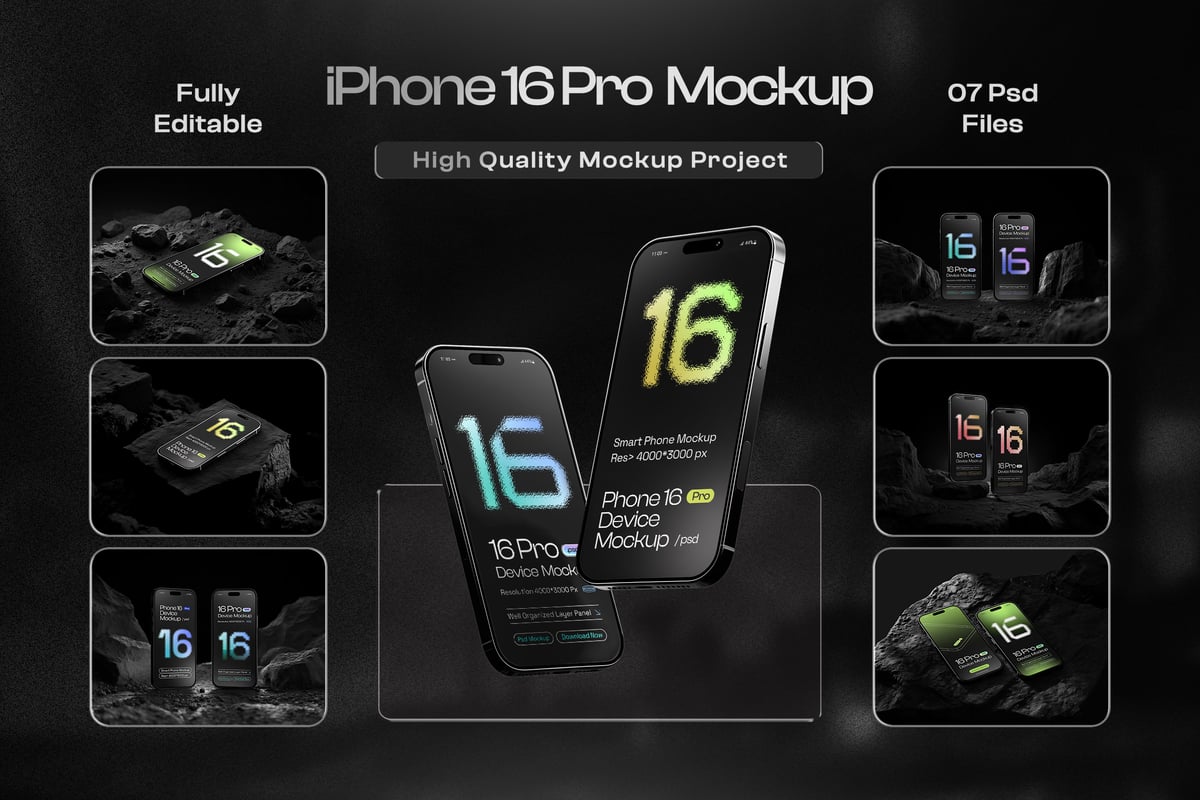 iPhone 16 Pro 手机模型集样机 (PSD)