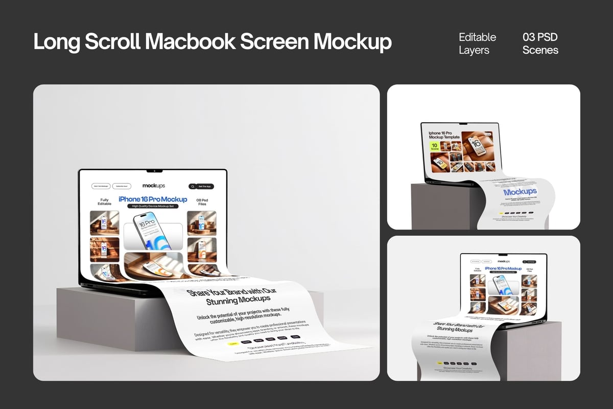 长卷轴扩展笔记本电脑屏幕模型集样机 (PSD)