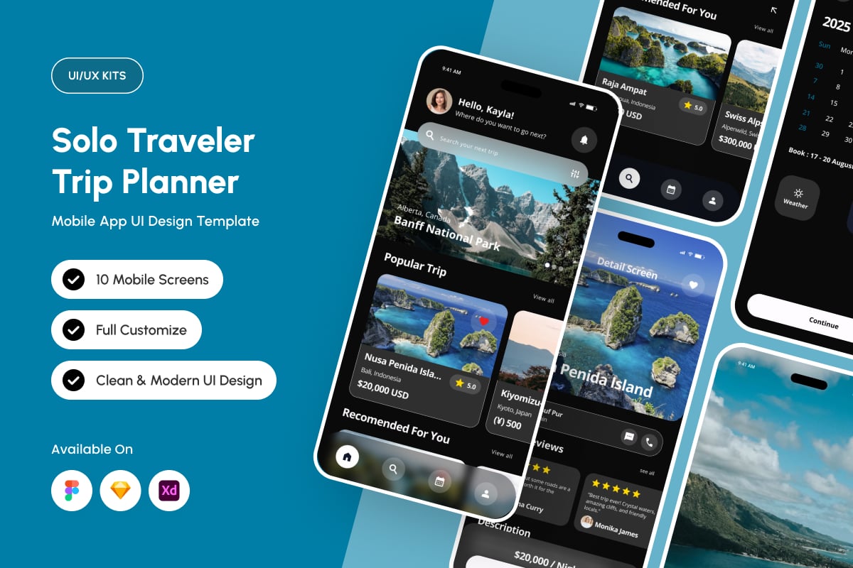 独自旅行计划应用APP UI KIT (FIG,SKETCH,XD)
