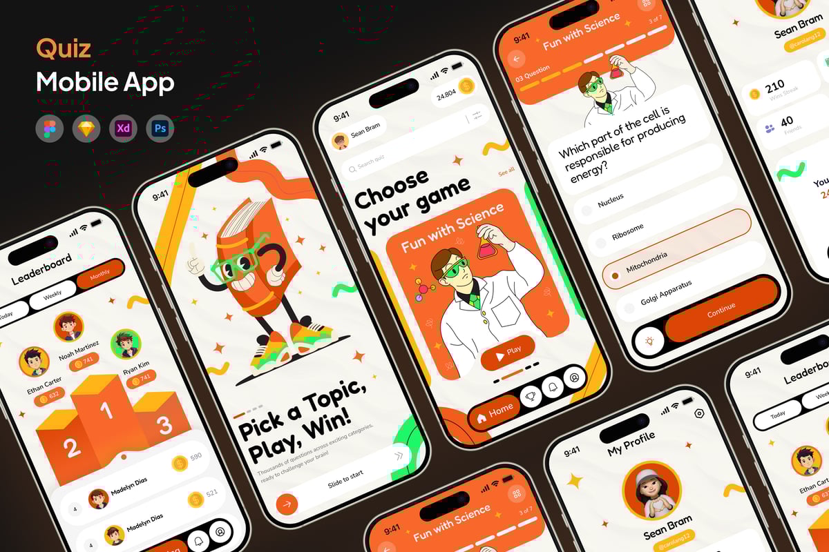 游戏化测验应用APP UI KIT (FIG,PSD,SKETCH,XD)