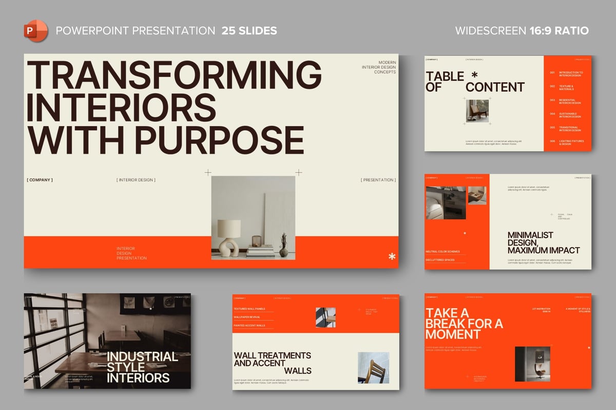 米色橙色室内设计演示PPT模板 (PPTX,PPT)