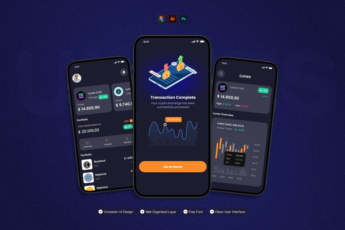 加密移动应用APP UI KIT (AI,EPS,PSD,FIG)