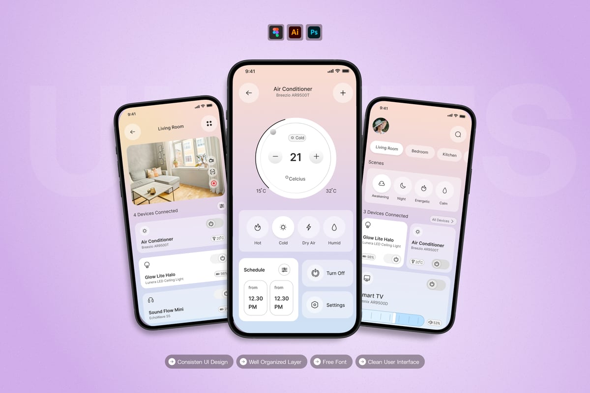 智能居家 App UI Kit (AI,EPS,PSD,FIG)