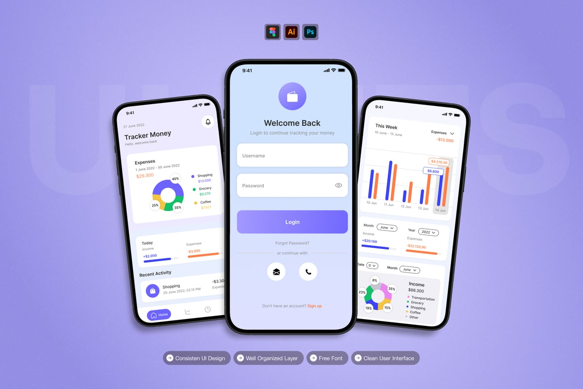 货币追踪器 – 移动应用APP UI KIT (AI,EPS,PSD,FIG)