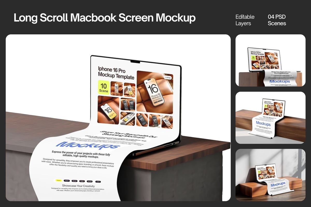 长卷轴扩展笔记本电脑屏幕模型集样机 (PSD)