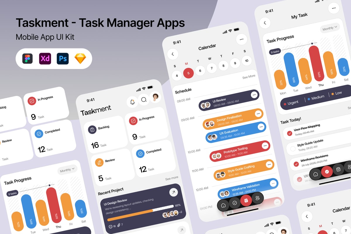 任务管理器应用APP UI KIT (FIG,PSD,SKETCH,XD)