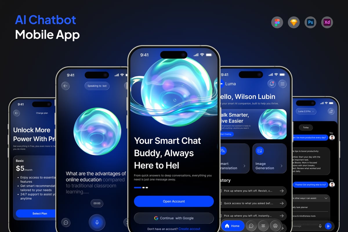 AI聊天机器人应用APP UI KIT (FIG,PSD,SKETCH,XD)