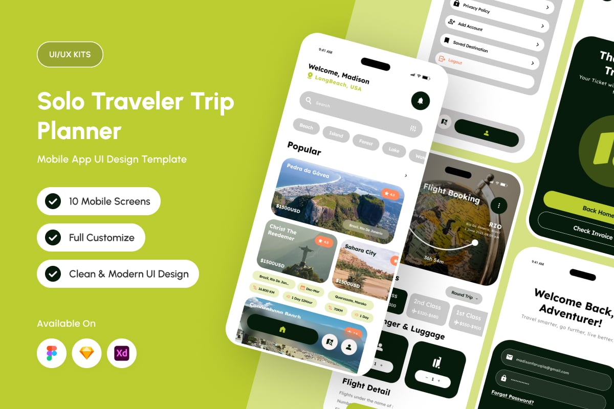 个人旅行应用APP UI KIT (FIG,SKETCH,XD)