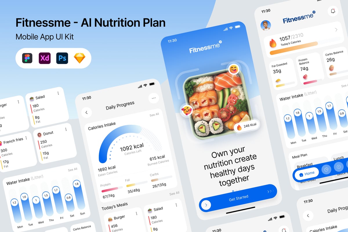 AI营养计划应用APP UI KIT (PSD,SKETCH,FIG,XD)