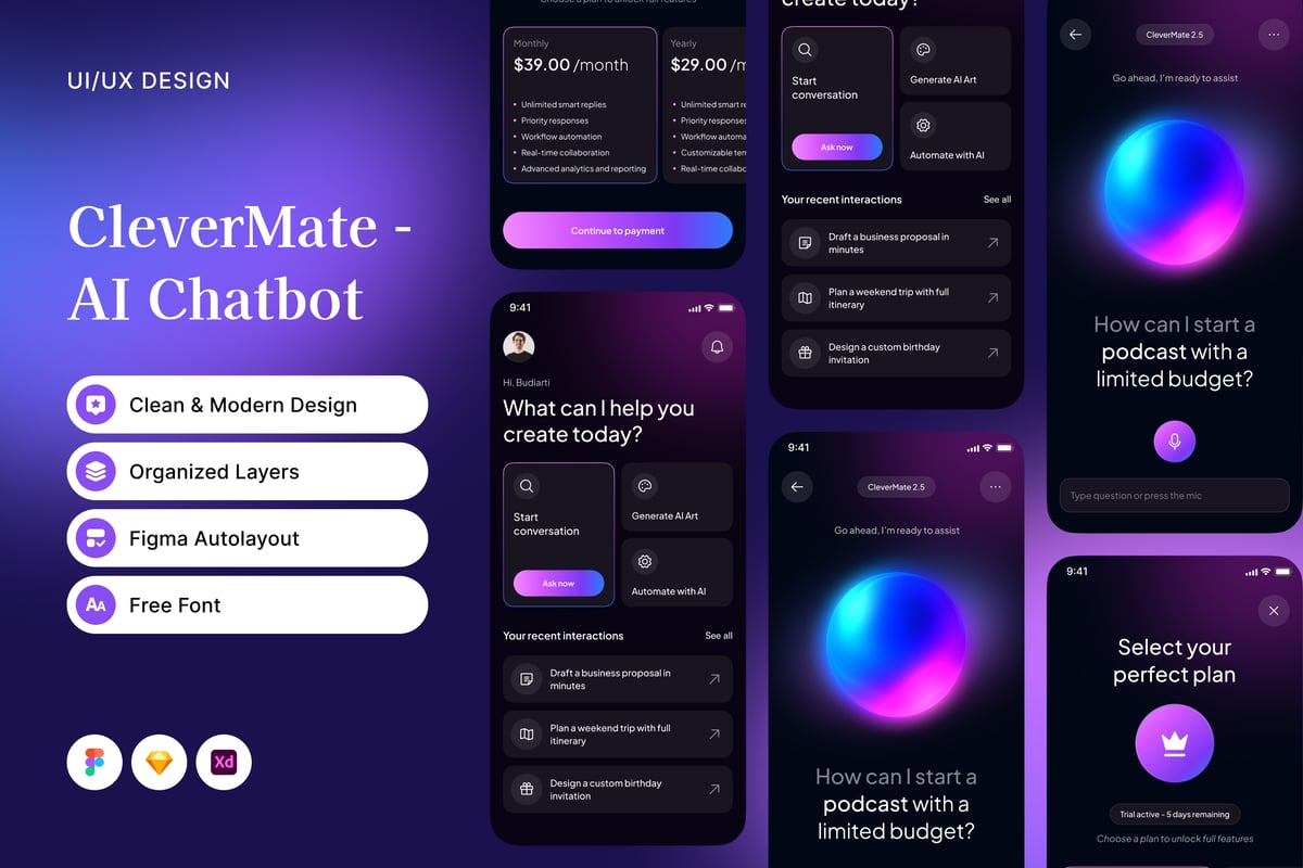 AI聊天机器人移动应用APP UI KIT (FIG,SKETCH,XD)