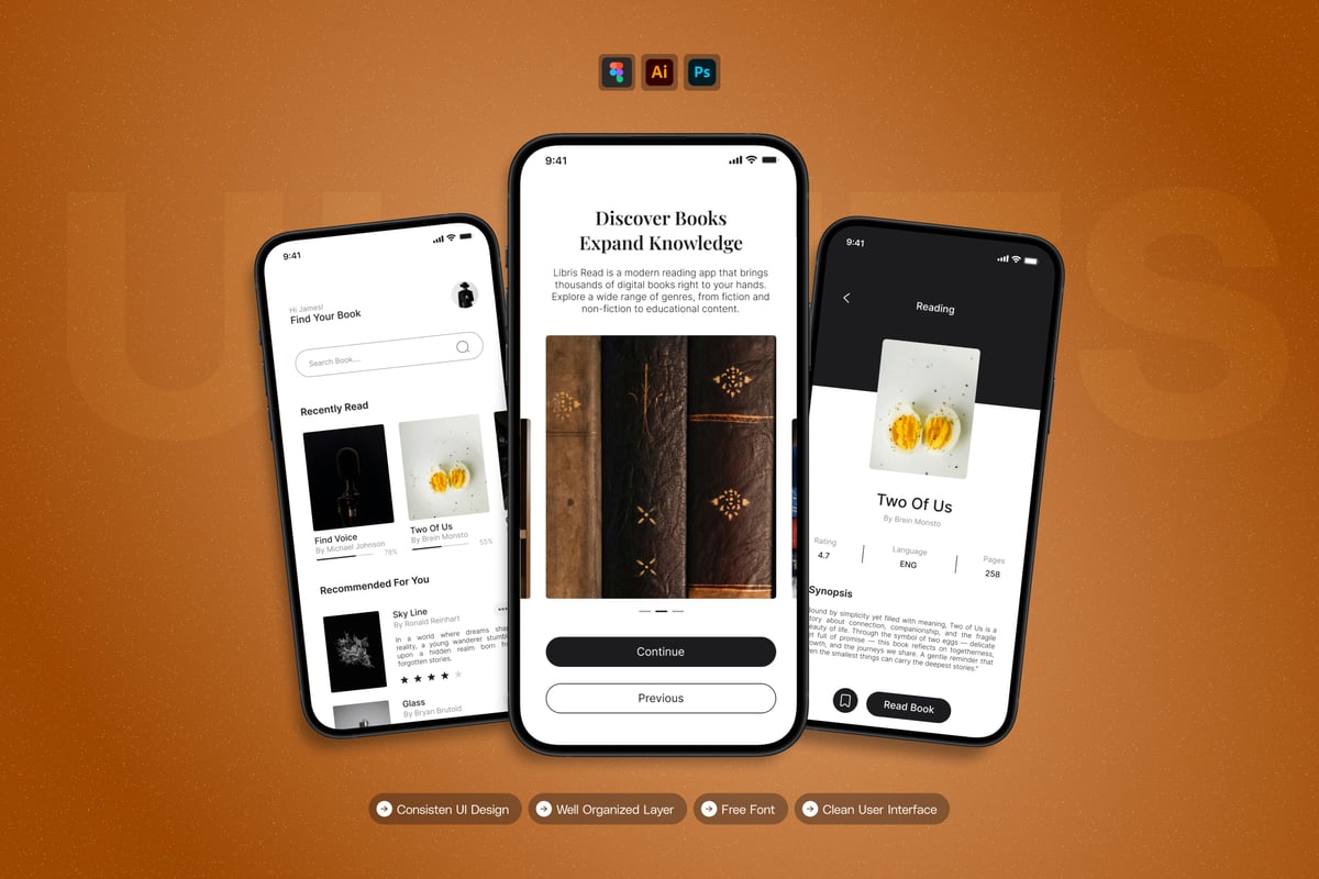 书籍库 – 移动应用APP UI KIT (AI,EPS,PSD,FIG)
