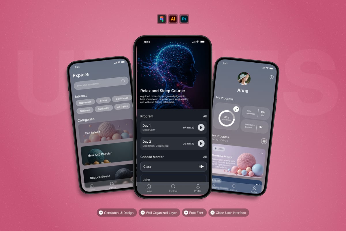 冥想 – 移动应用APP UI KIT (AI,EPS,PSD,FIG)