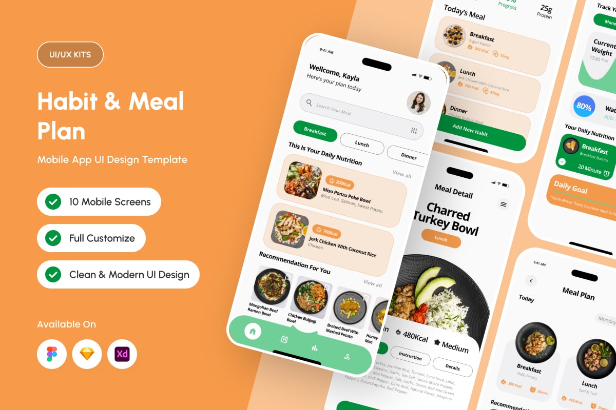 习惯和餐计划移动应用APP UI KIT (XD)