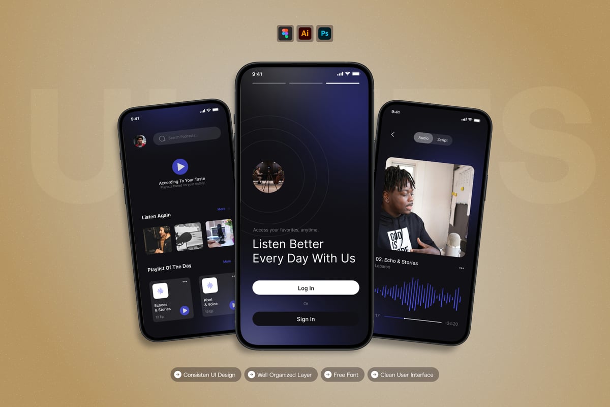 个人音乐移动应用APP UI KIT (AI,EPS,PSD,FIG)