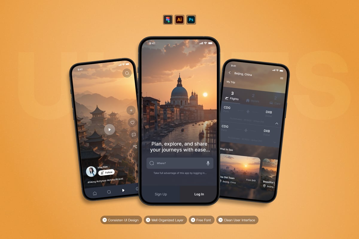旅行指南 – 移动应用APP UI KIT (AI,EPS,PSD,FIG)