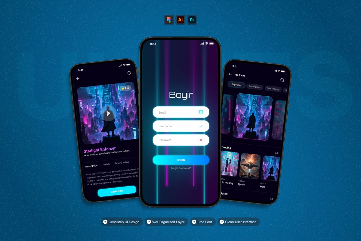 电影预订 – 移动应用APP UI KIT (AI,EPS,PSD,FIG)