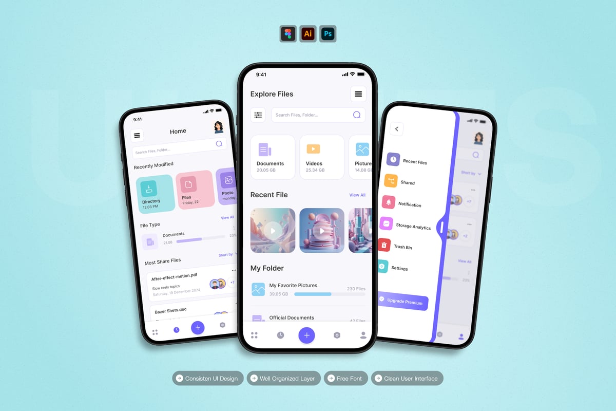 云存储 – 移动应用APP UI KIT (AI,FIG,EPS,PSD)